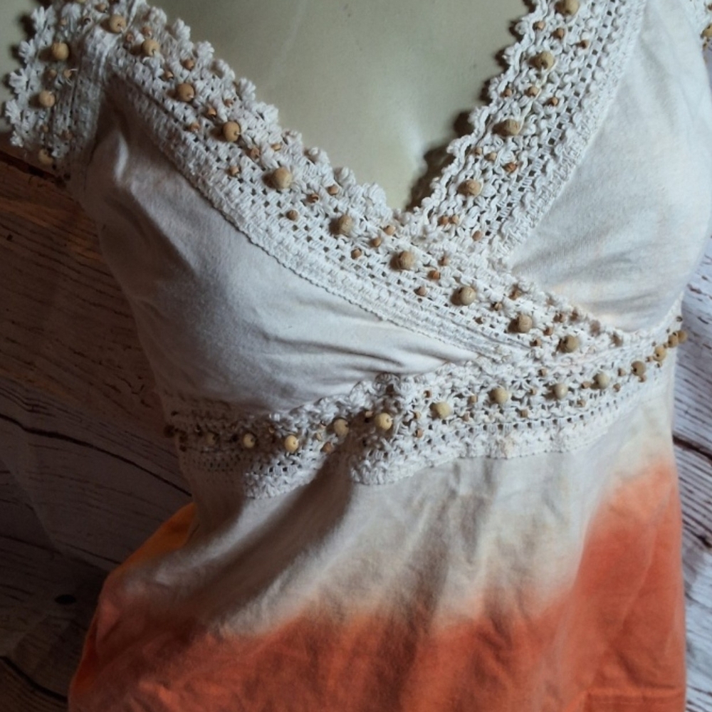 Boho Crochet Trim Dip-Dye Tank Top - Cream & Orange